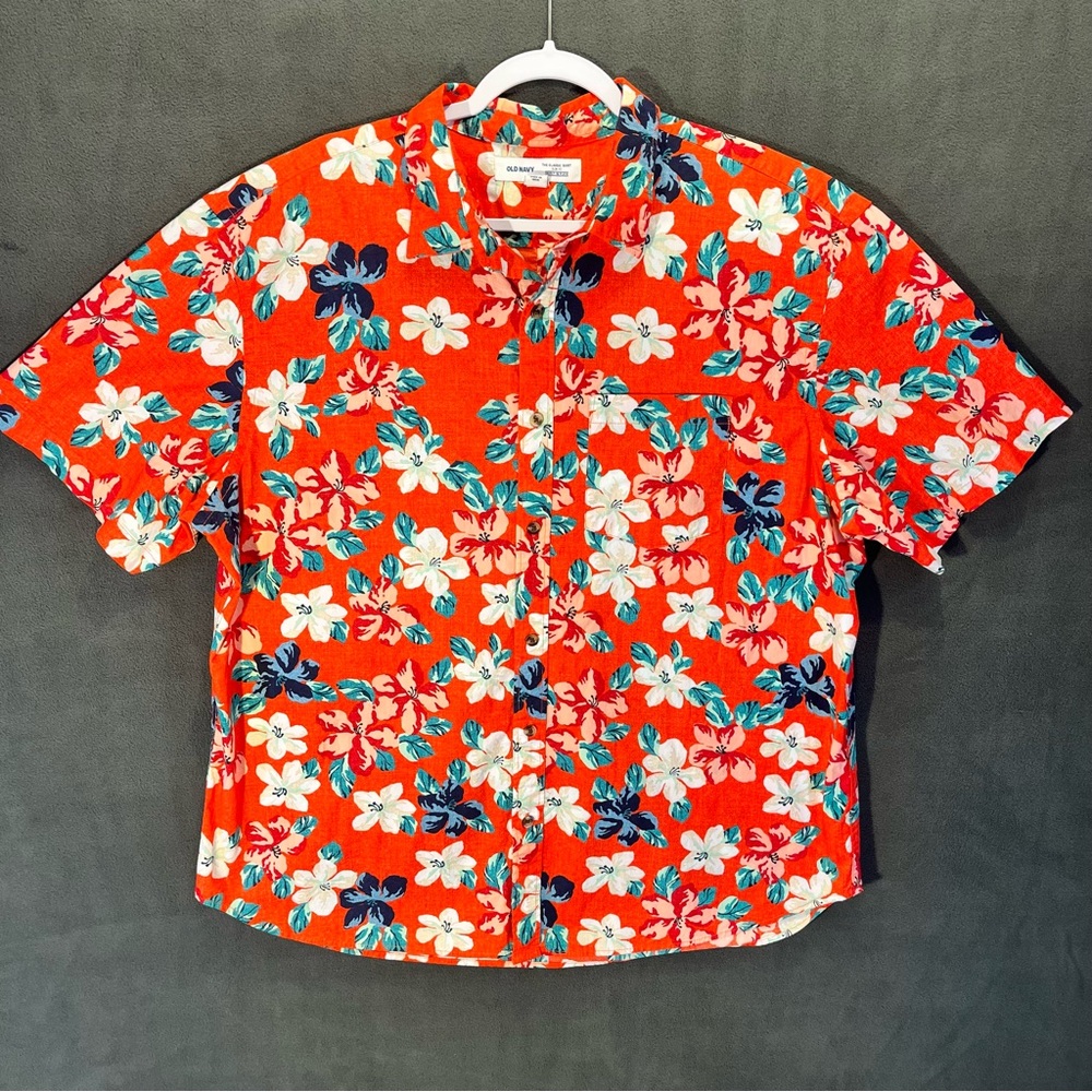 Old Navy Hawaiian Shirt Men's Size XXL, Floral Short Sleeve Button Down Orange